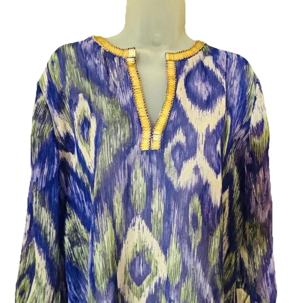 Chicos 2 Travelers Size Large Semi Sheer Blouse Purple 3/4 Sleeve Gold Trim Top - Picture 2 of 10